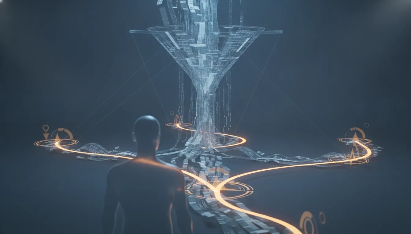 Illustration mit einer Person, die von einem unsichtbar gelenkten Datenstrom und schattenhaften Kontrollmechanismen in unterschiedliche Entscheidungswege geführt wird, als Metapher für KI-Textmanipulation.