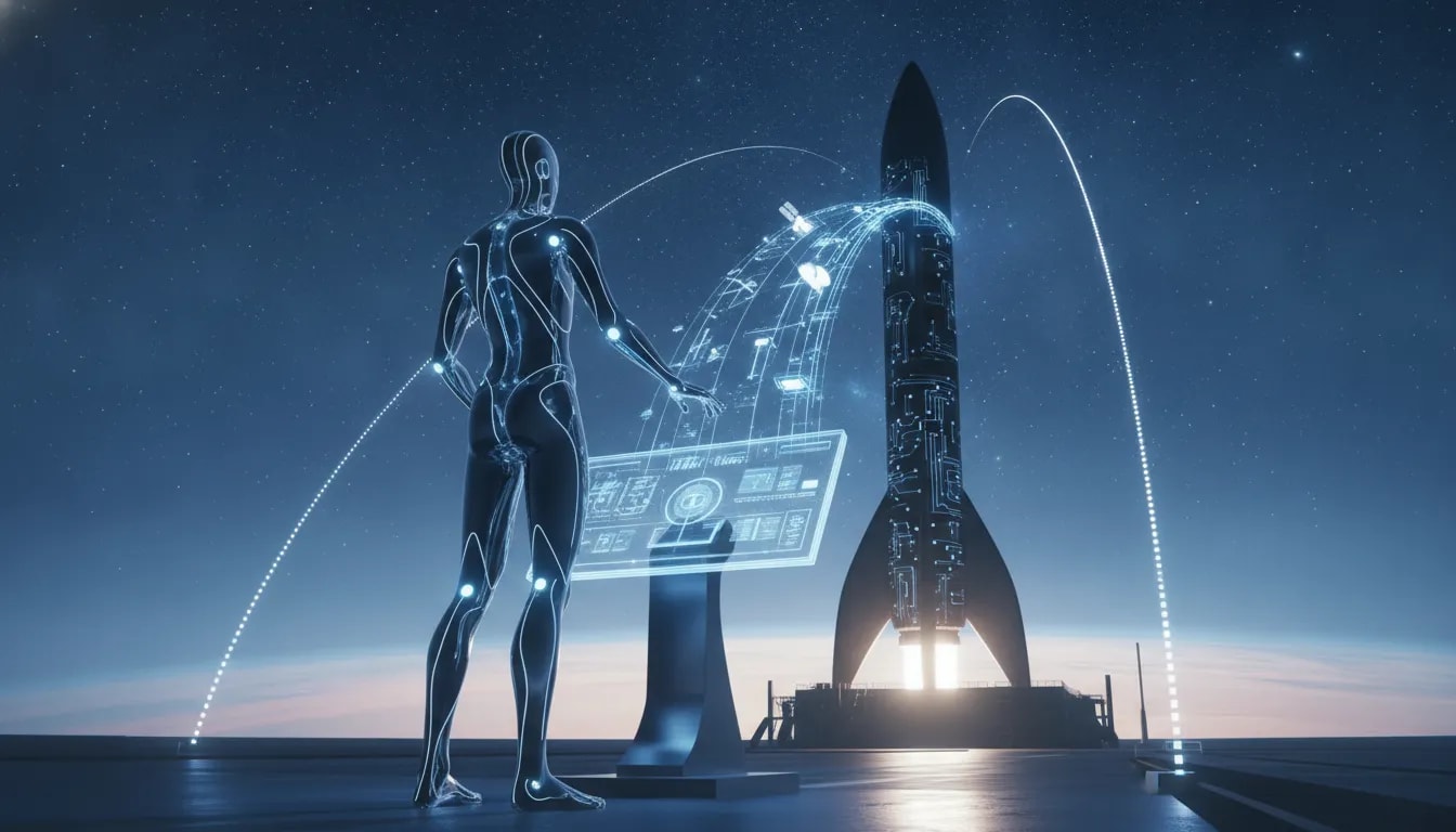 Dramatische, wortlose Illustration zu SpaceX und Elons Einfluss: eine wiederverwendbare Rakete am Startplatz mit leuchtenden Daten- und Schaltkreis-Elementen sowie einer symbolischen Kontrollfigur im Vordergrund.